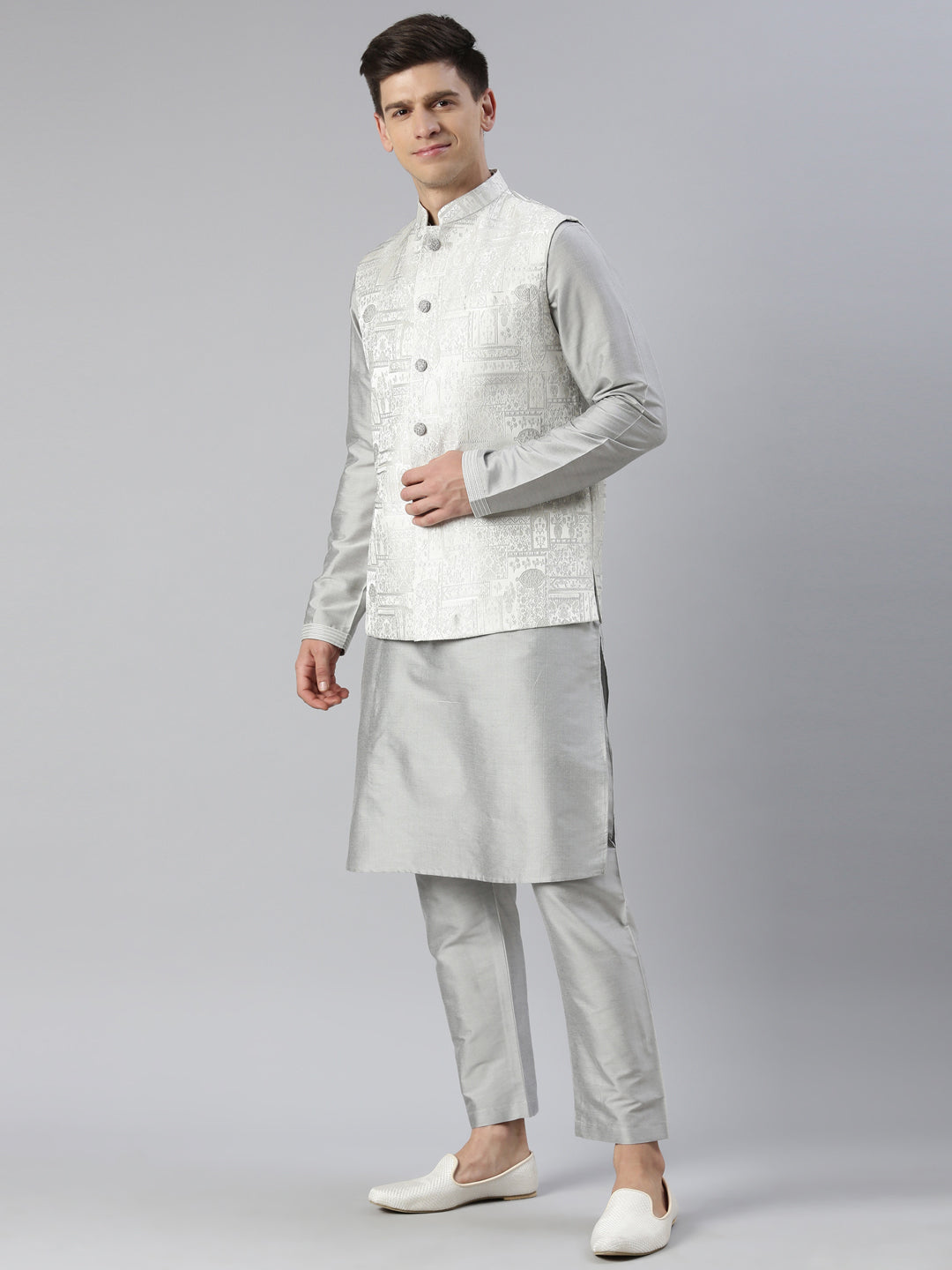 Grey Jacquard Jacket with Kurta Set