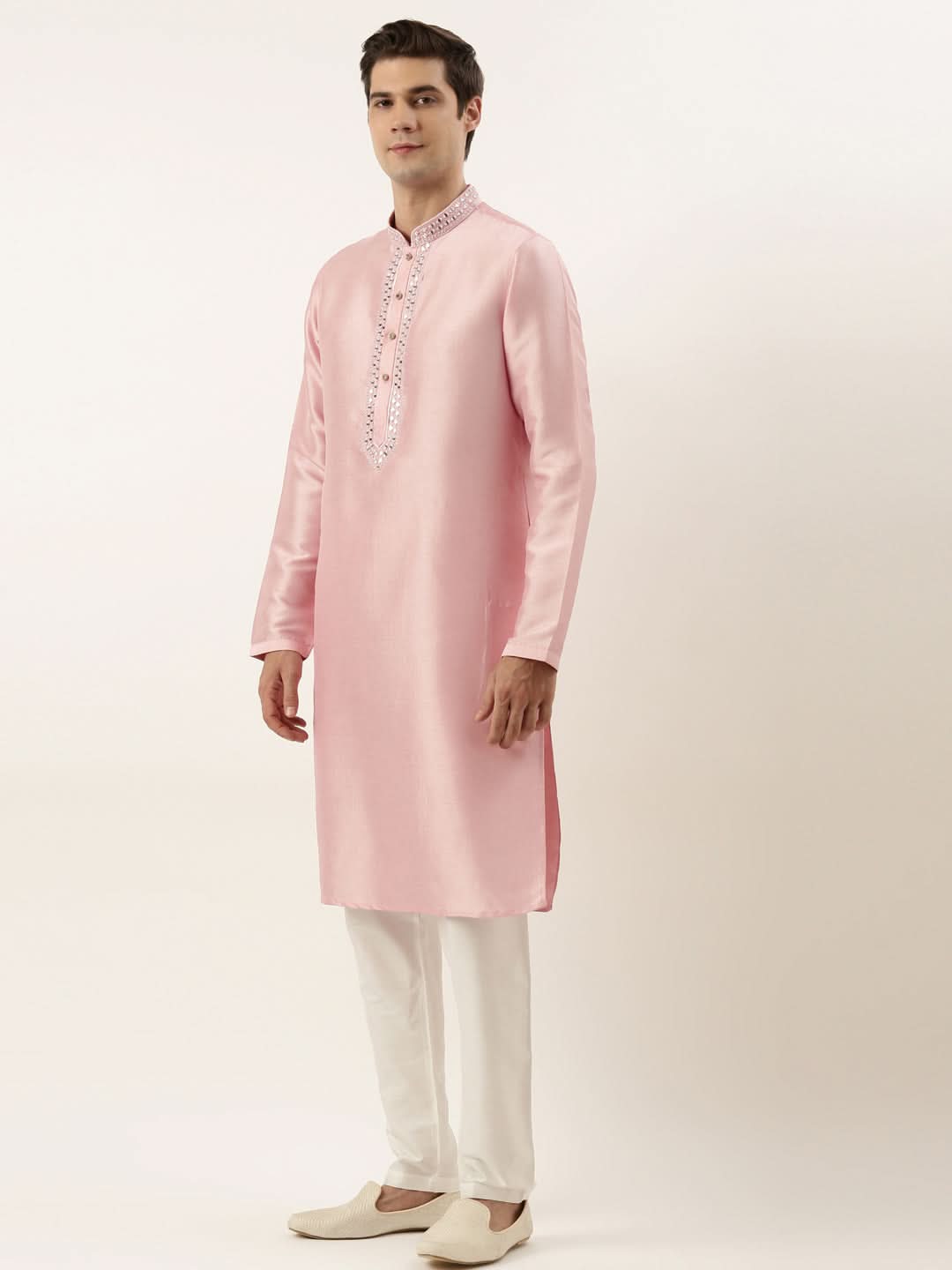 Pink Silk Mirror Embroidered Kurta Set