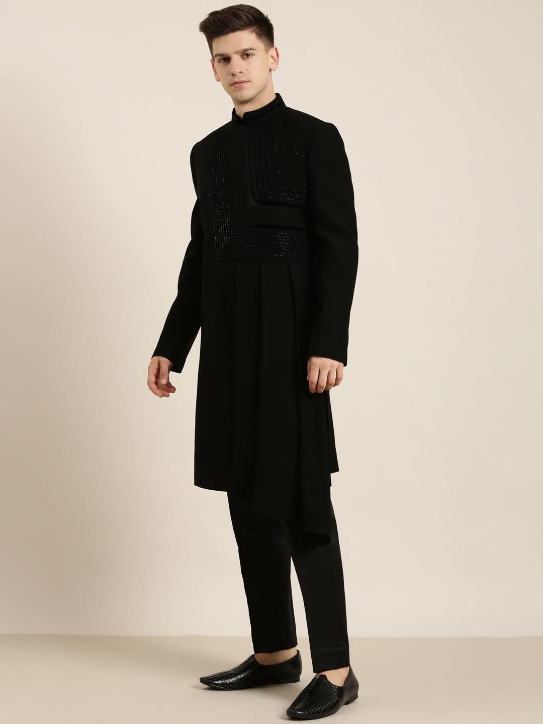 Black Draped Embroidered Indowestern