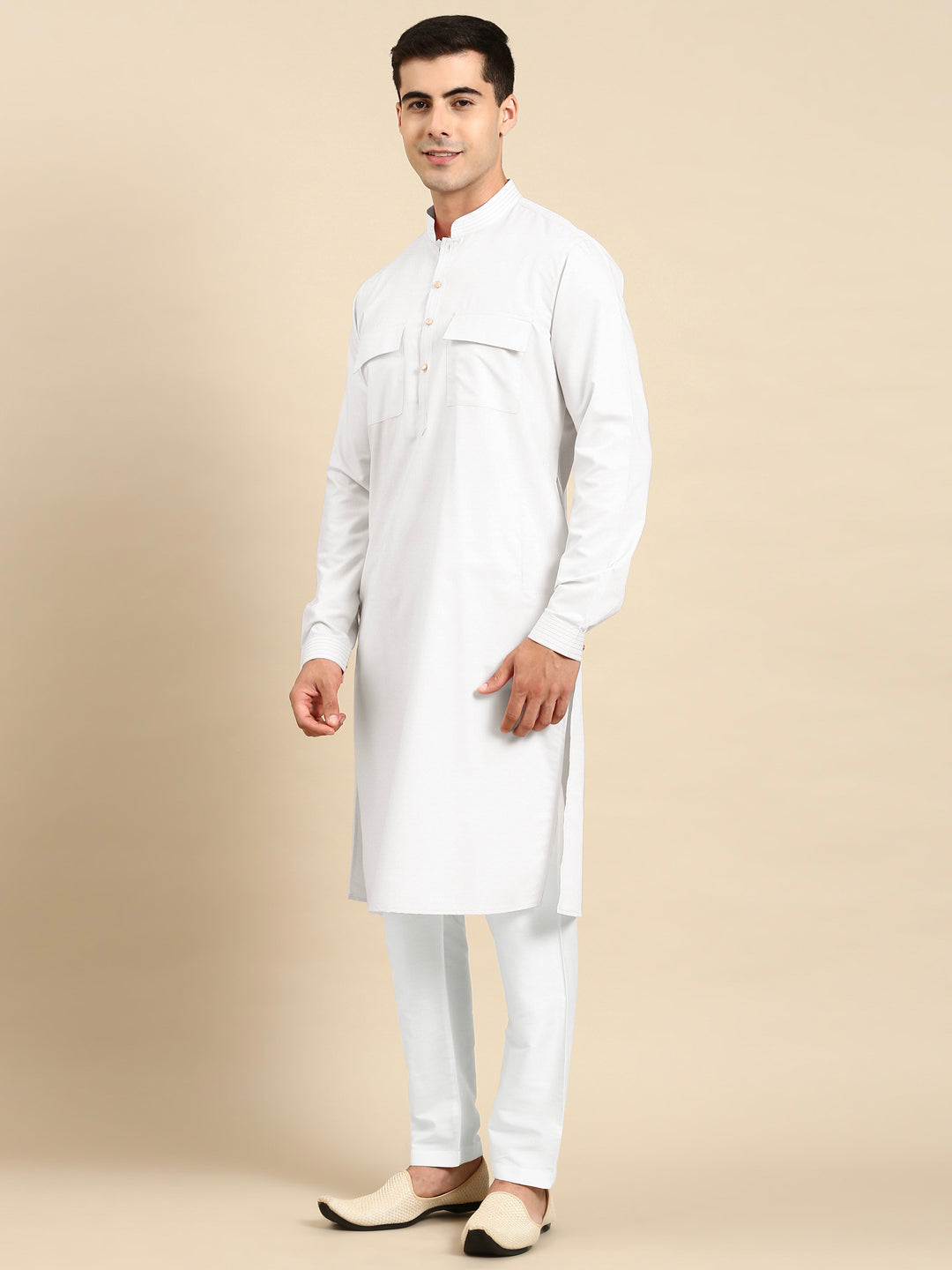 White Cotton Pathani Kurta Set with Patch pocket