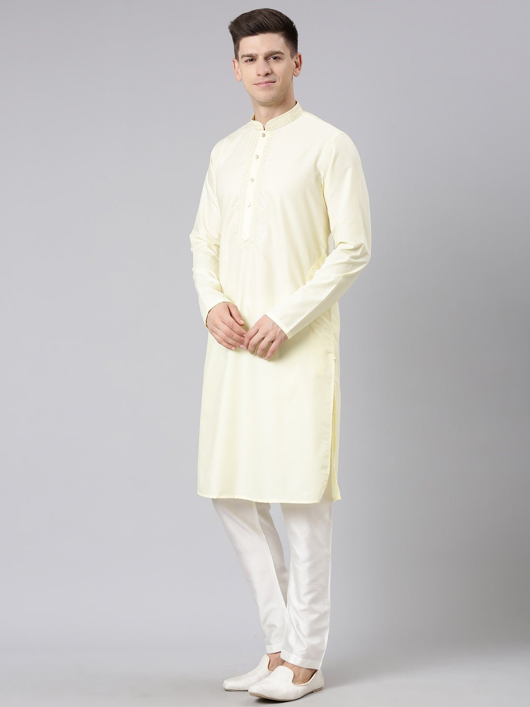 Lemon Cotton Dori Embroidery Kurta Set