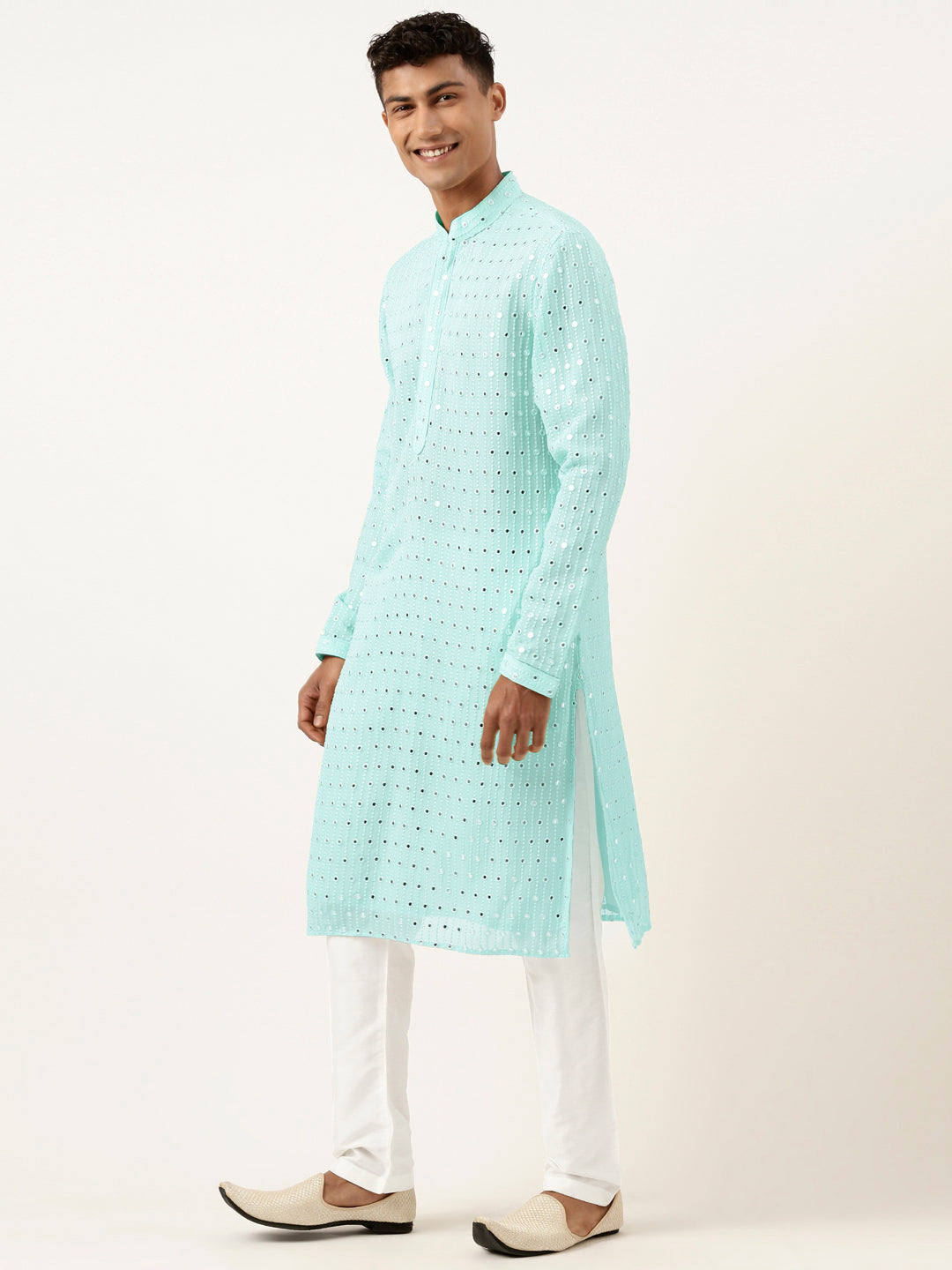 Aqua Blue Mirror Embroidered Gerogette Kurta Set