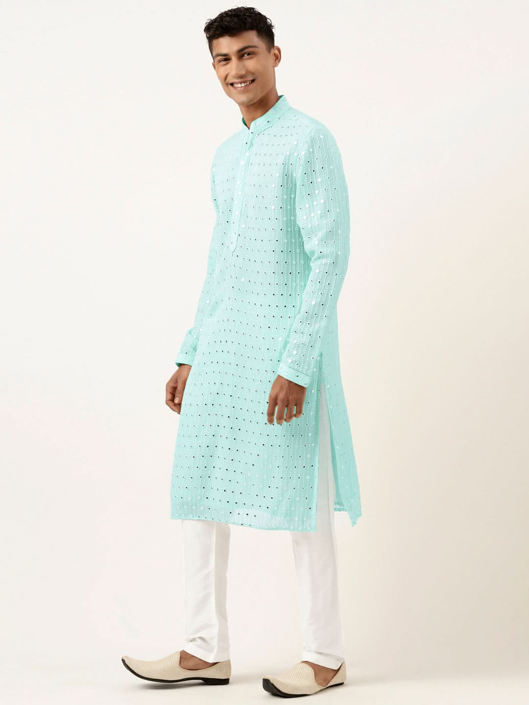 Aqua Blue Mirror Embroidered Gerogette Kurta Set