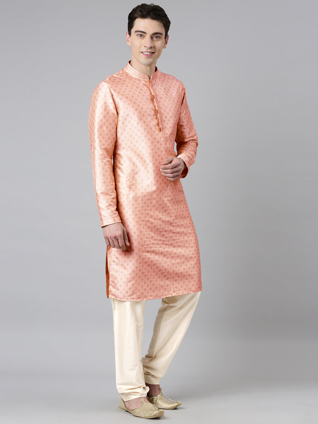 PEACH SILK GOLD PRINTED KURTA SET