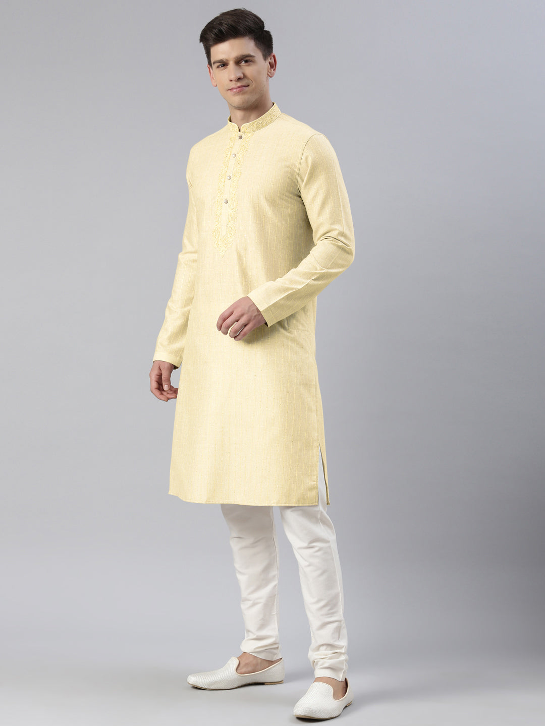 Cream Yellow Linen Embroidered Kurta