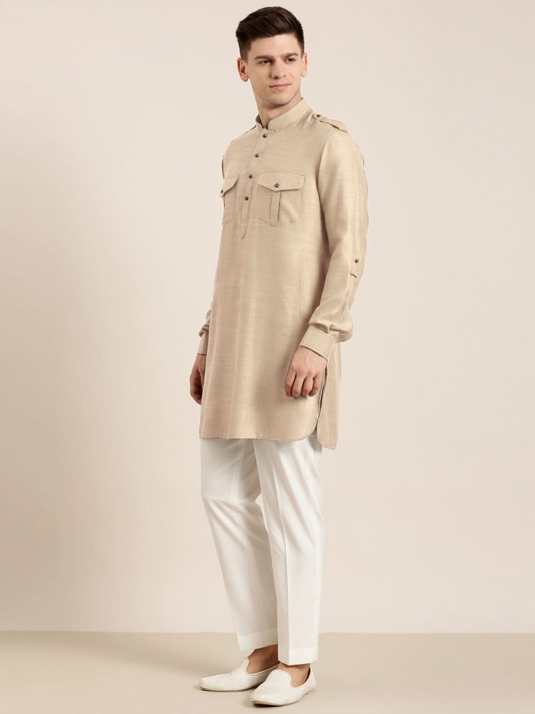 Beige cotton Short Pathani