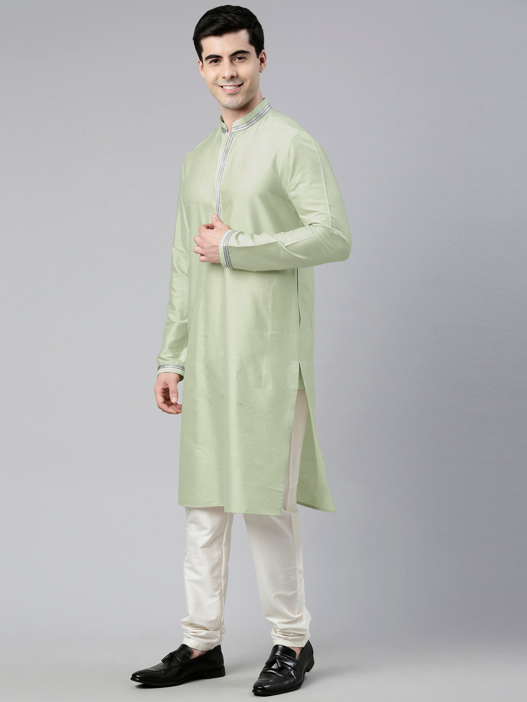 Grey Green Jacquard Jacket With Kurta