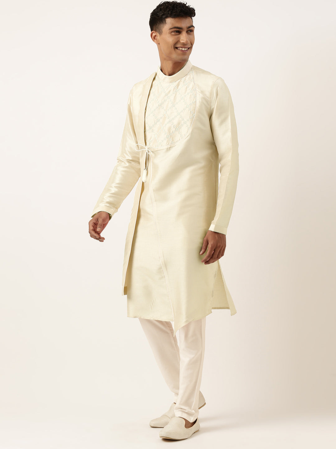 Light Gold Embroidery Angrakha Kurta Set