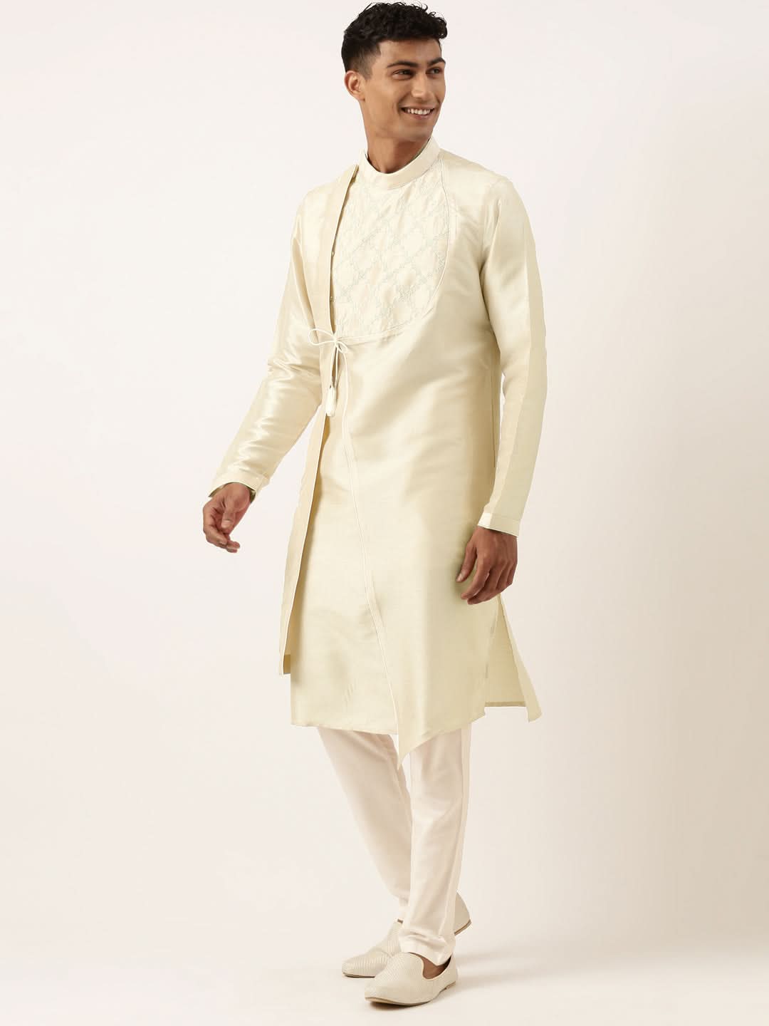 Light Gold Embroidery Angrakha Kurta Set