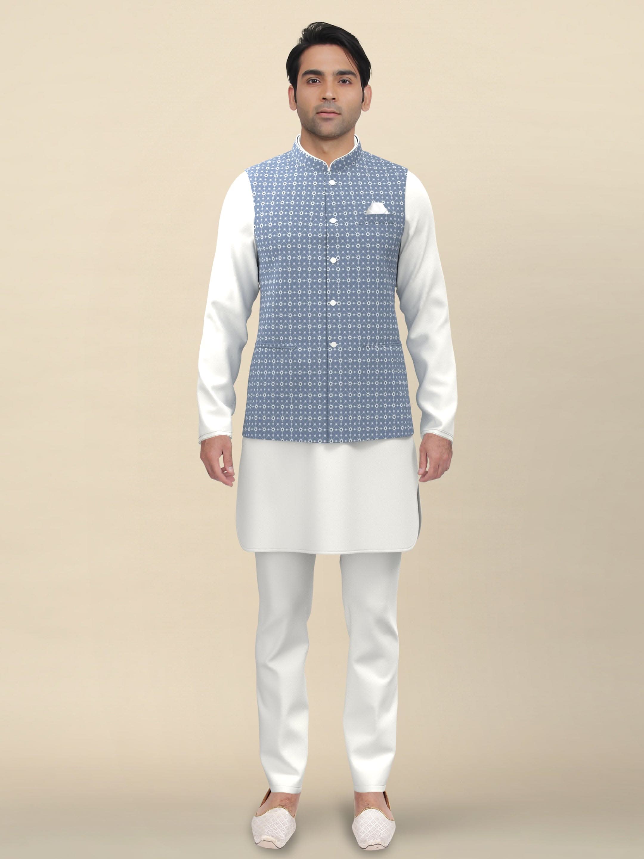 Grey cotton embroidered Jacket Kurta Set
