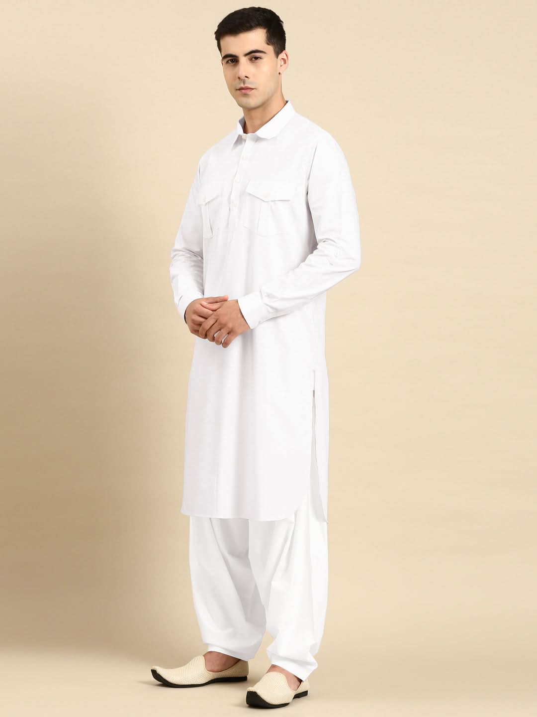 White Fine Cotton Pathani With Salwar