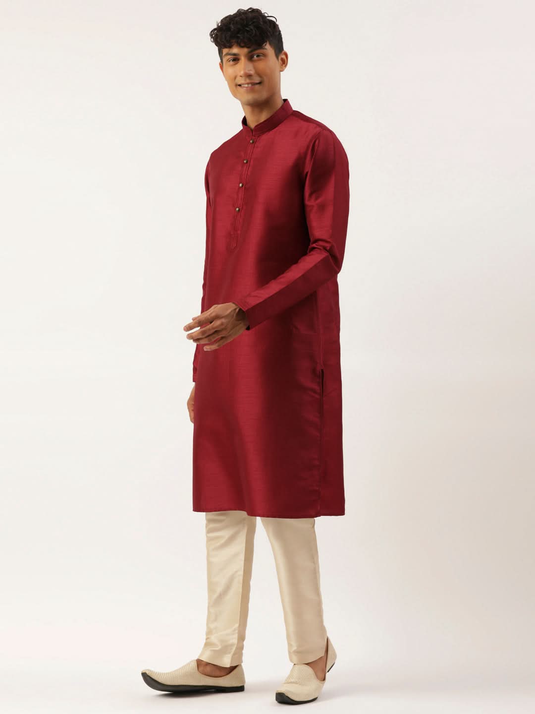 Charcoal Grey Printed Jacket With Maroon Kurta Set