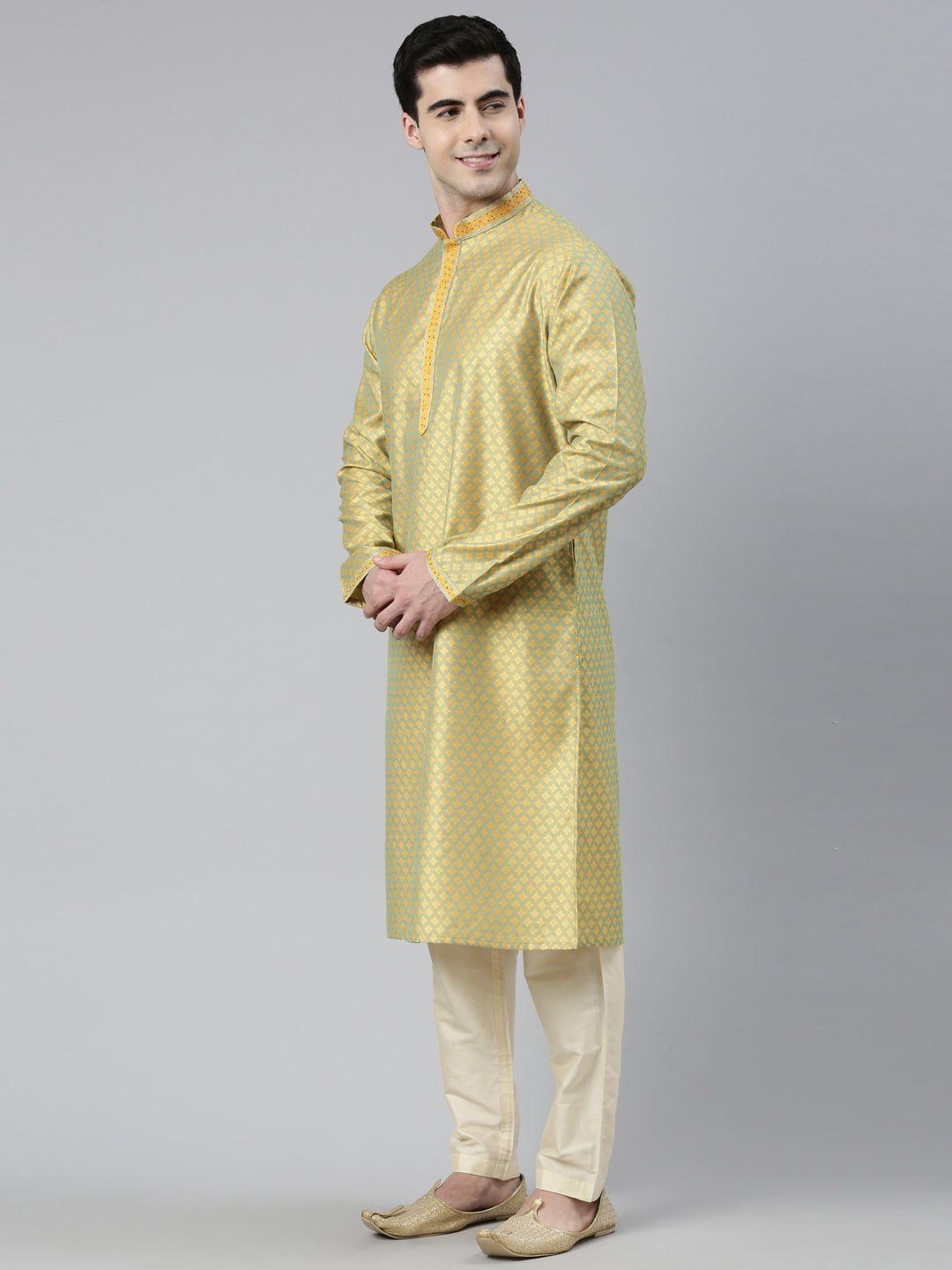 Greenish Yellow Silk Jacquard Kurta Set