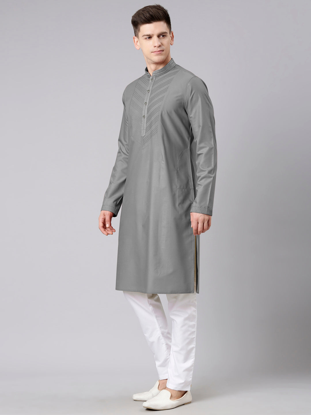 Grey Pleated Cotton Kurta Set