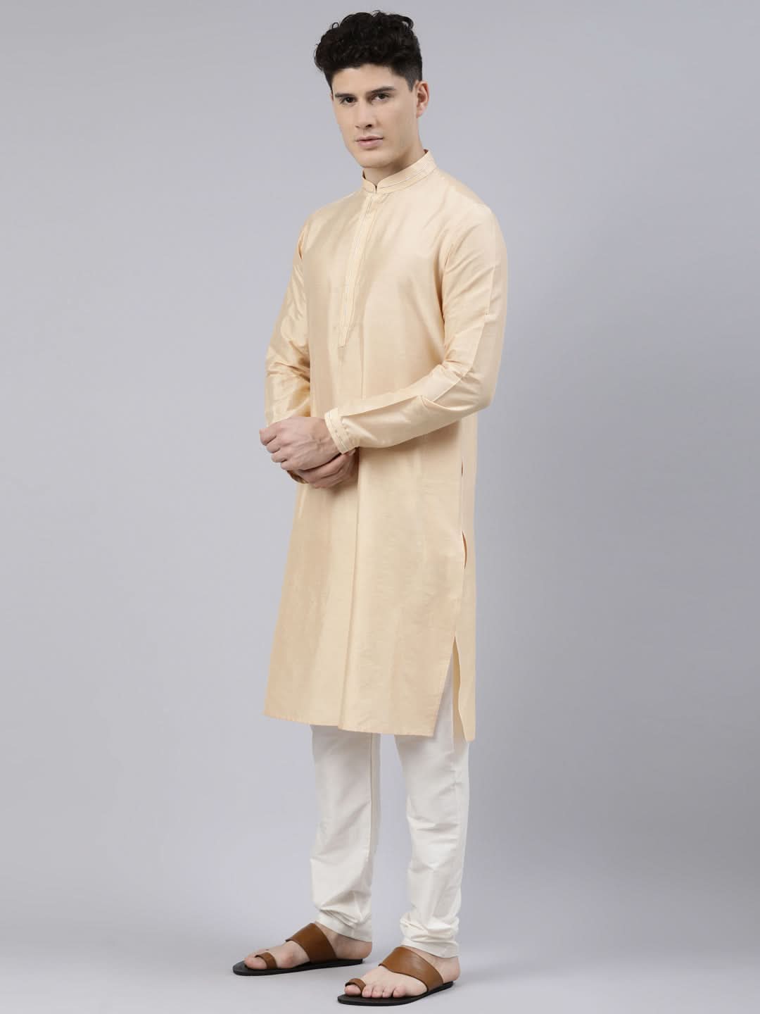 Cream Gold Jacket With Gold Kurta Set