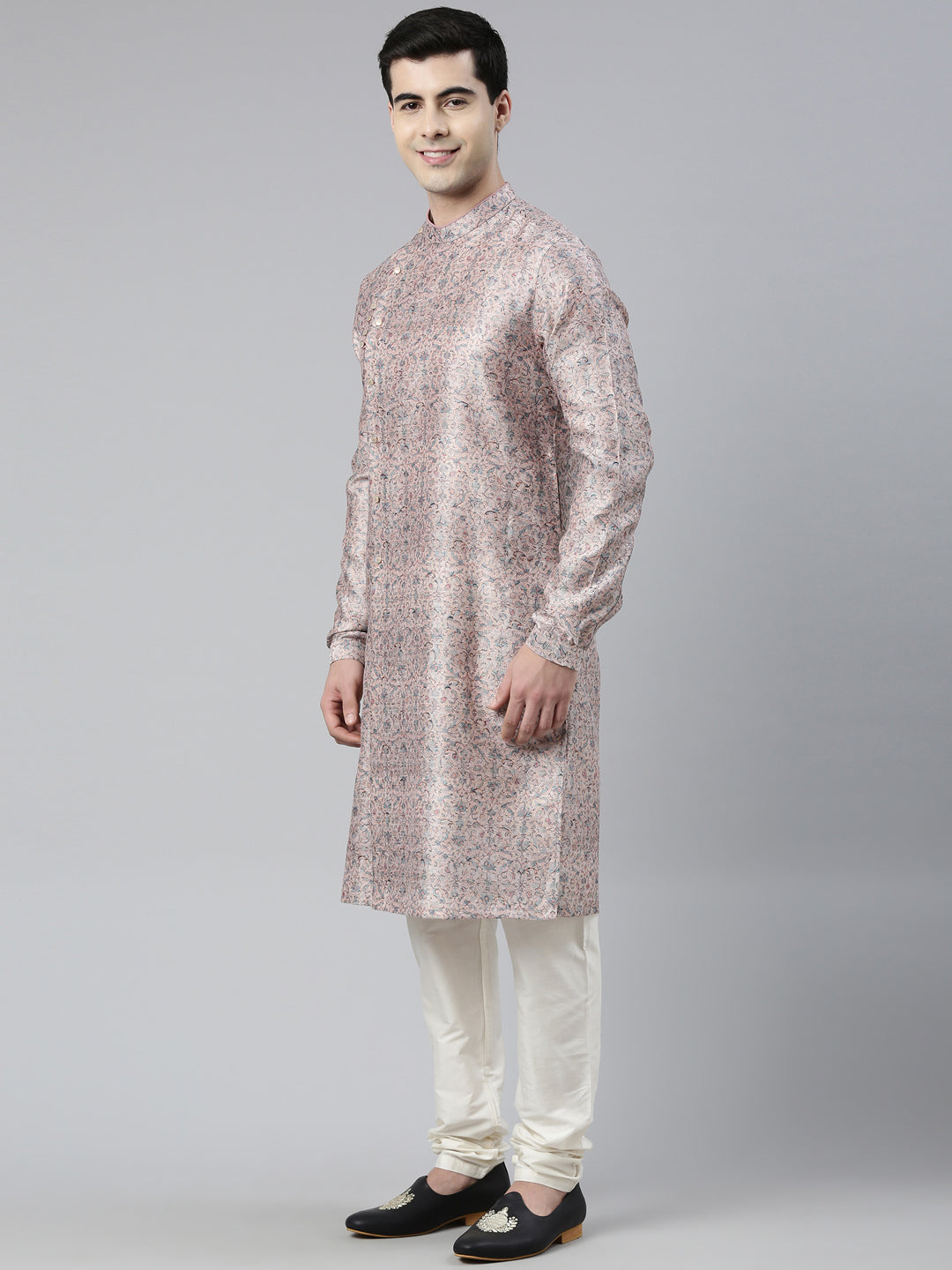 Pink Floral Block Printed Angrakha Chanderi Silk Kurta Set