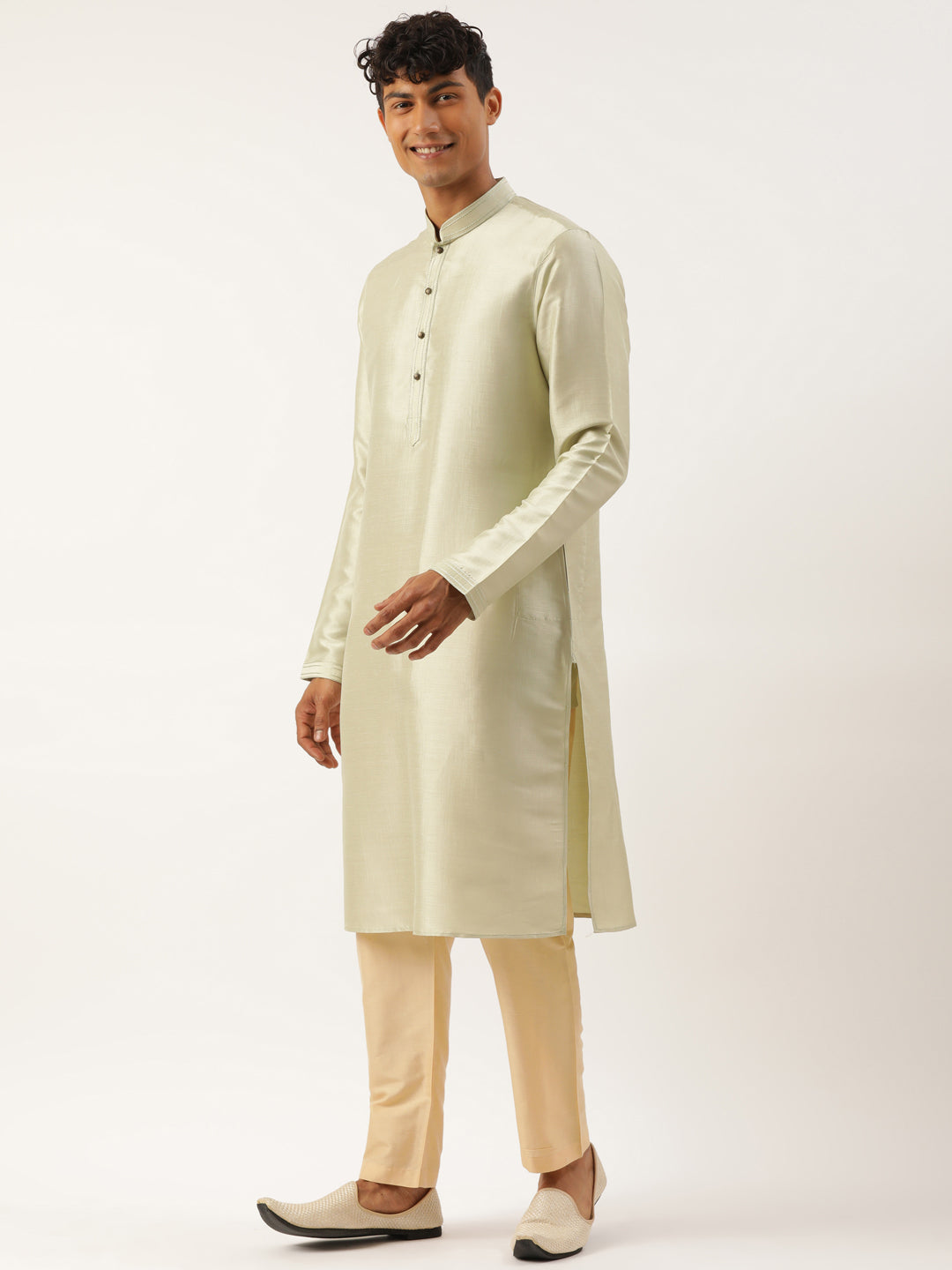 Beige Printed Cotton Jacket Kurta Set