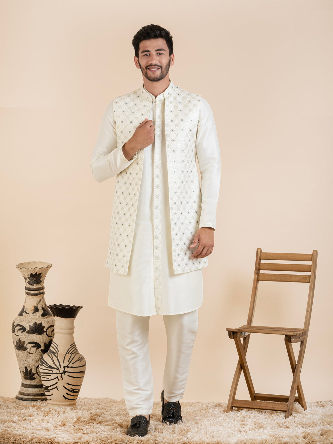 Cream Embroidered Long Jacket Kurta Set