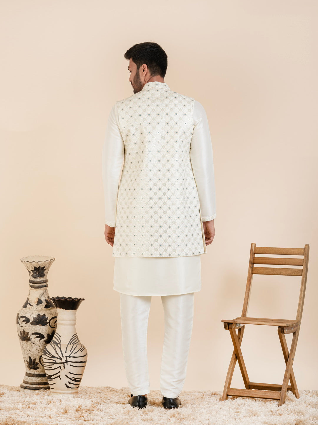 Cream Embroidered Long Jacket Kurta Set