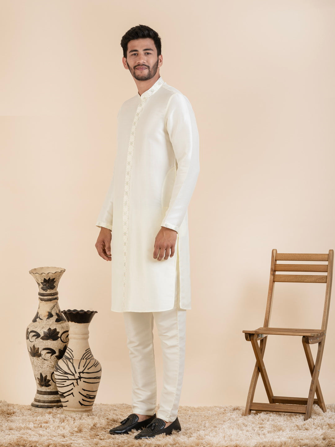 Cream Embroidered Long Jacket Kurta Set