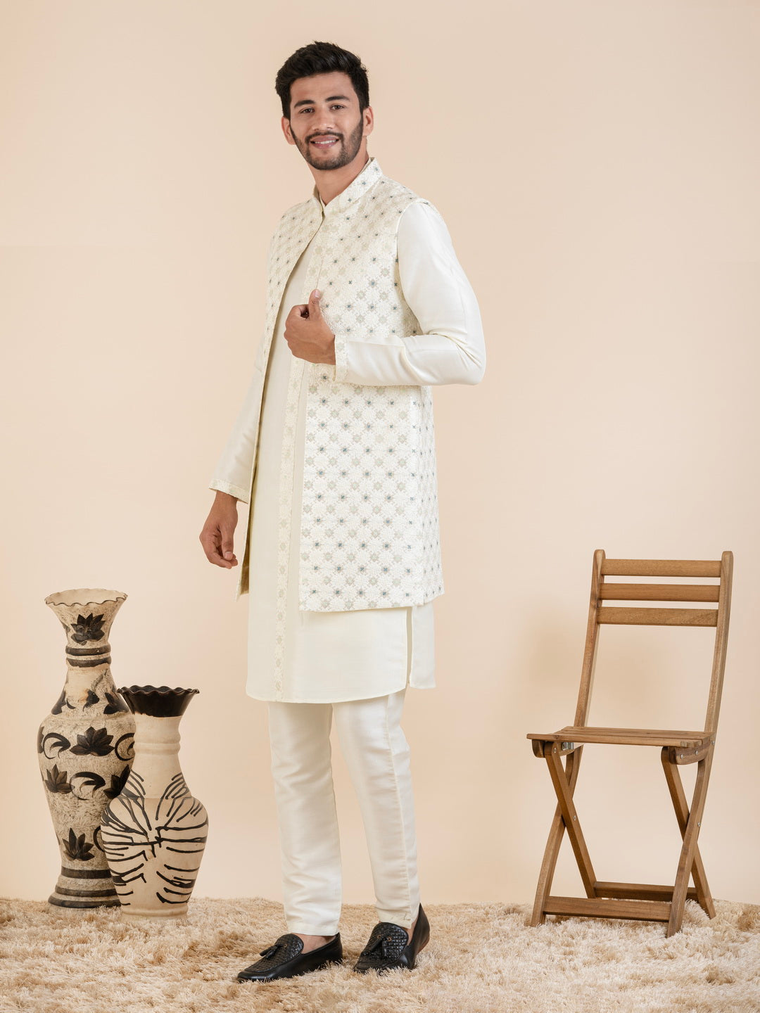 Cream Embroidered Long Jacket Kurta Set