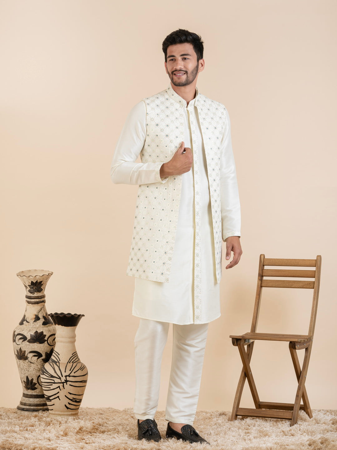 Cream Embroidered Long Jacket Kurta Set