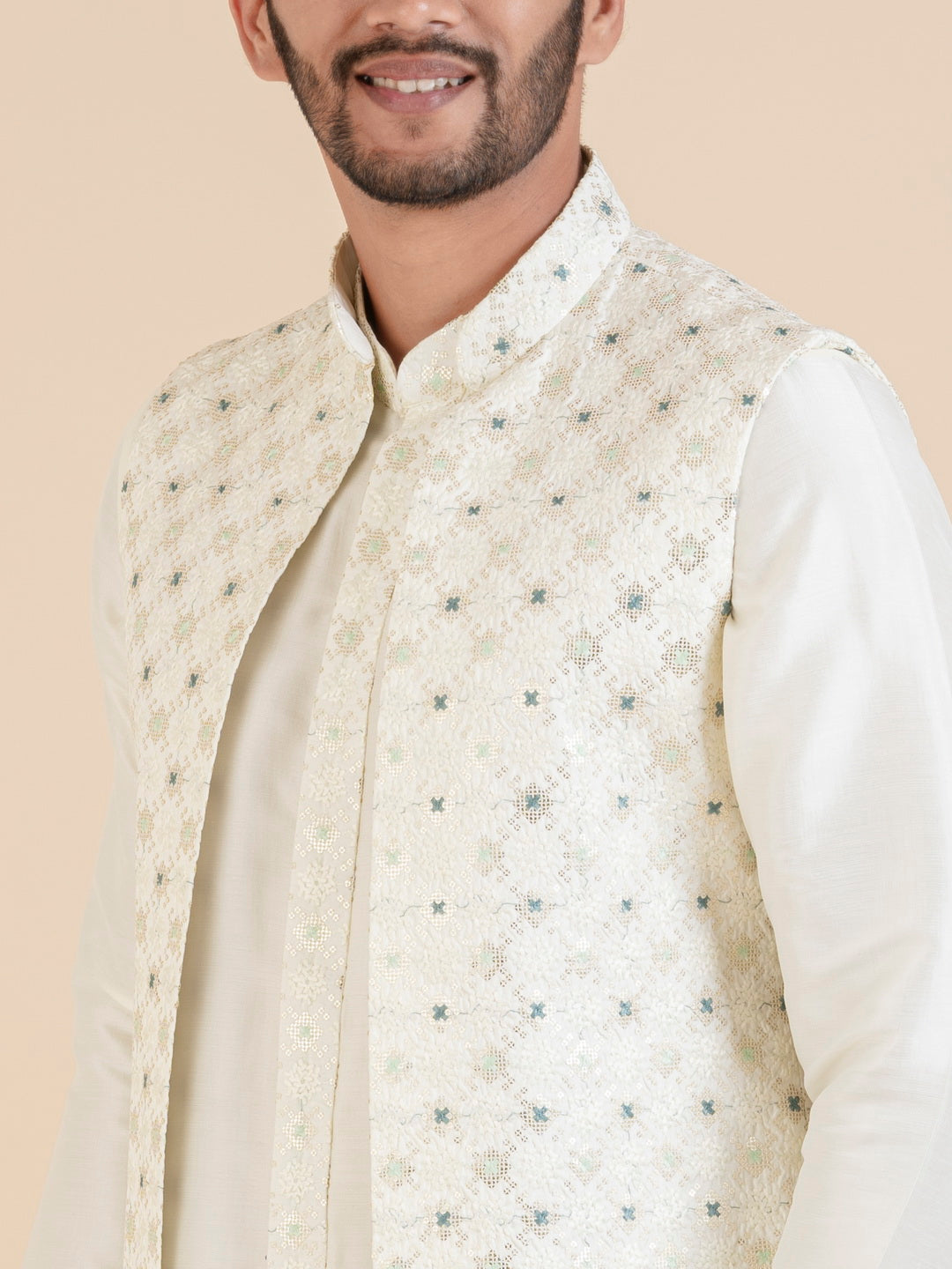 Cream Embroidered Long Jacket Kurta Set