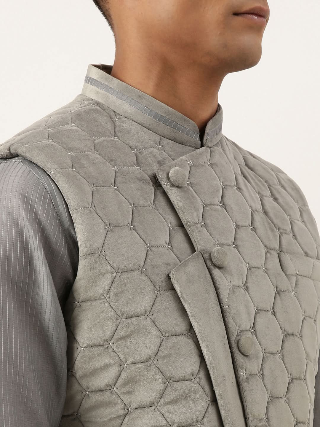 Grey Velvet Quilted Jacket Kurta Set