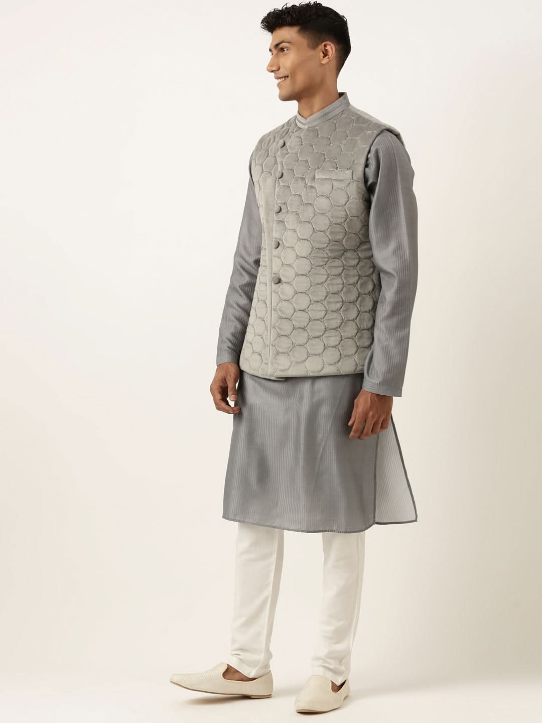 Grey Velvet Quilted Jacket Kurta Set