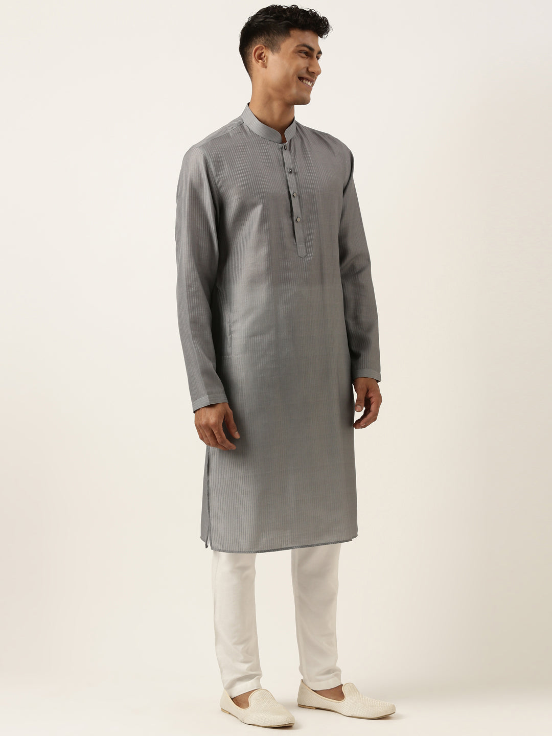 Grey Velvet Quilted Jacket Kurta Set