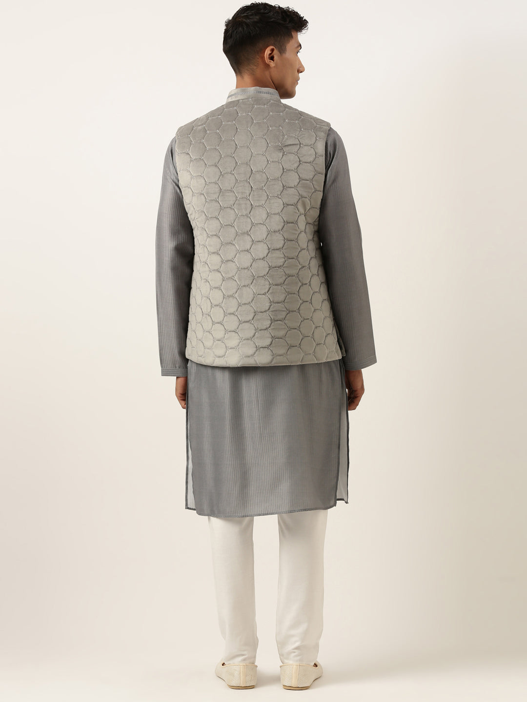 Grey Velvet Quilted Jacket Kurta Set