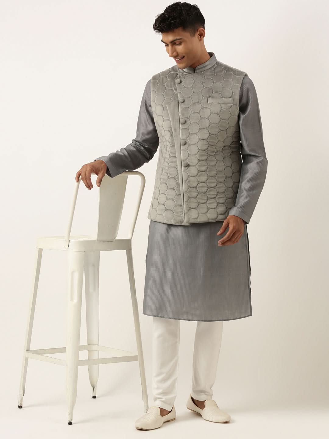 Grey Velvet Quilted Jacket Kurta Set