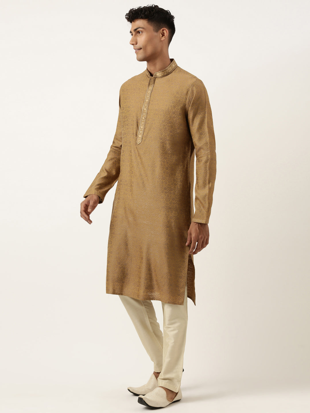 Mustard Brown Jacquard Embroidered Kurta Set