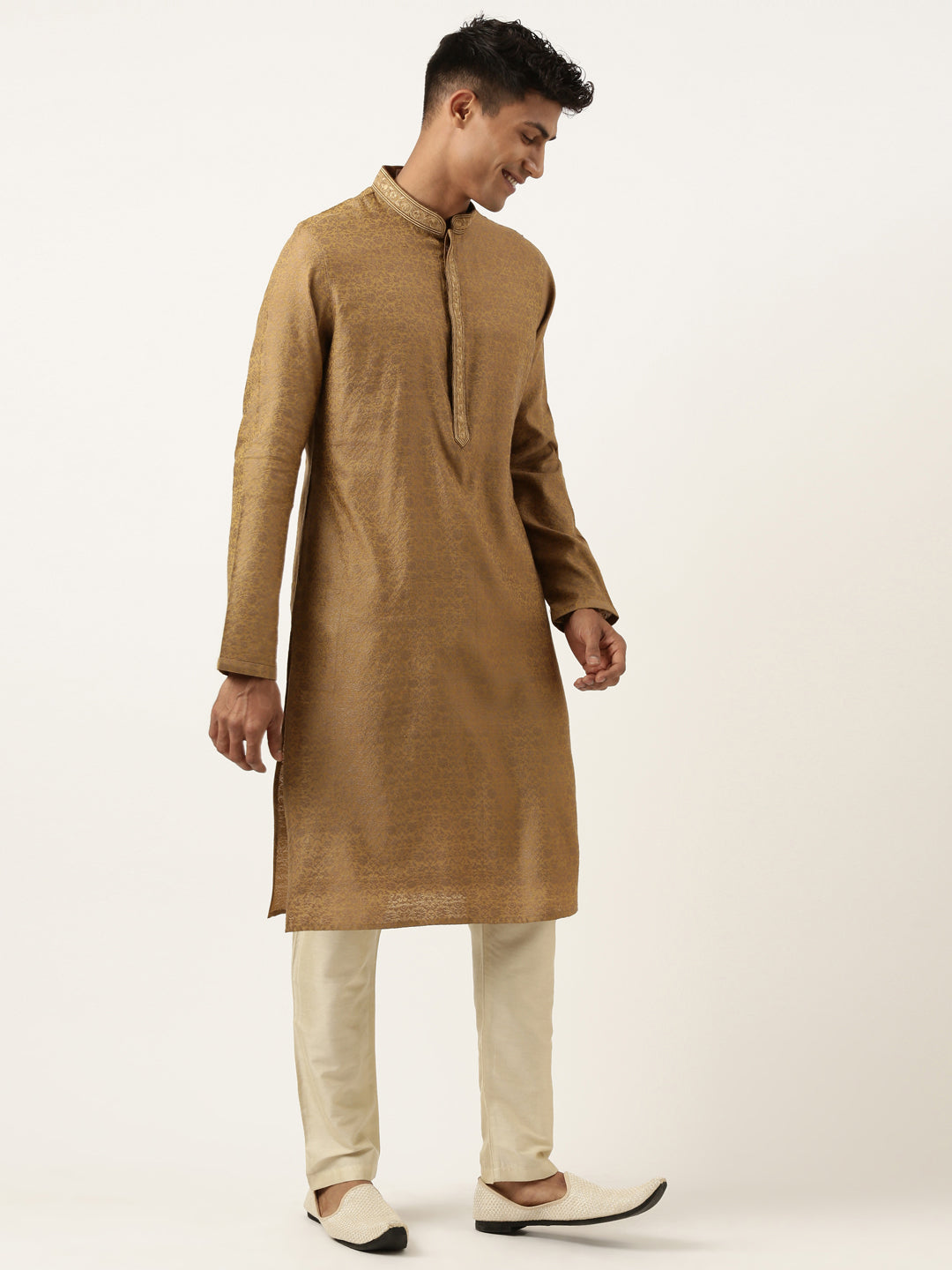 Mustard Brown Jacquard Embroidered Kurta Set