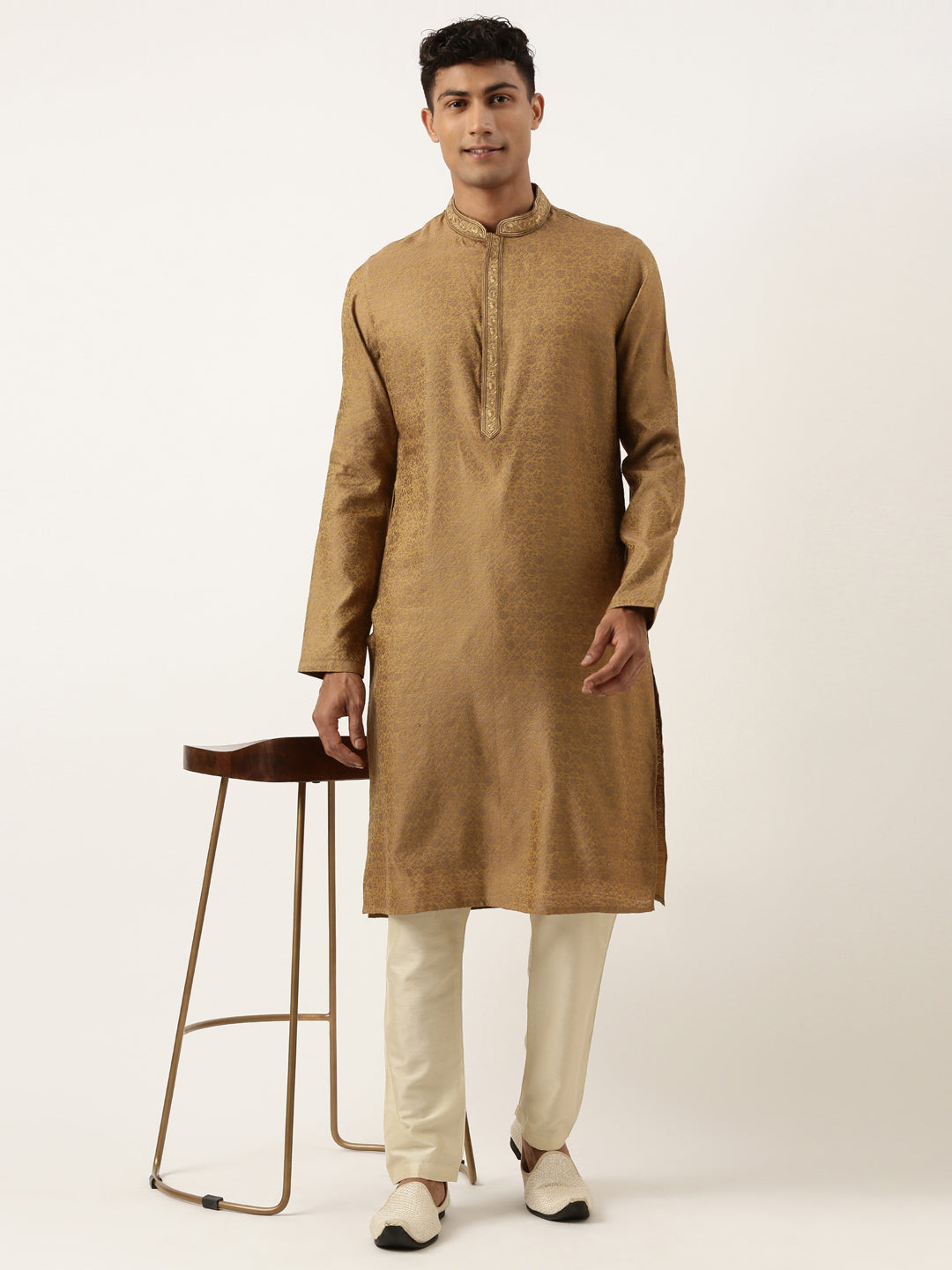 Mustard Brown Jacquard Embroidered Kurta Set
