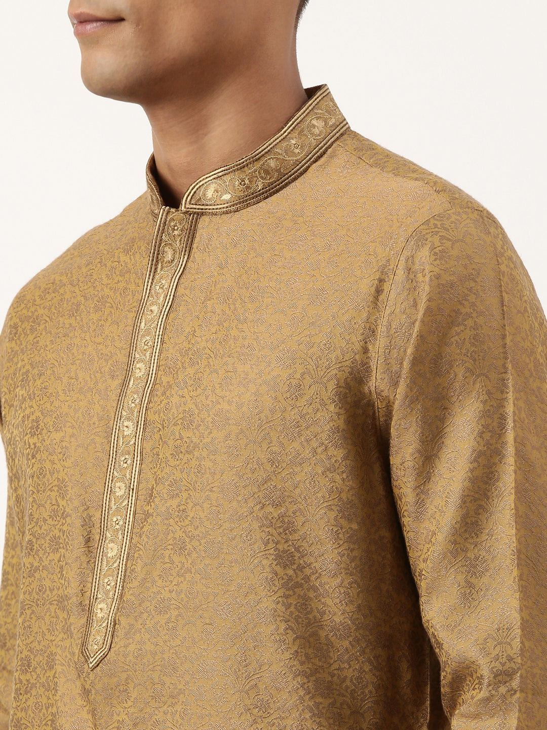 Mustard Brown Jacquard Embroidered Kurta Set