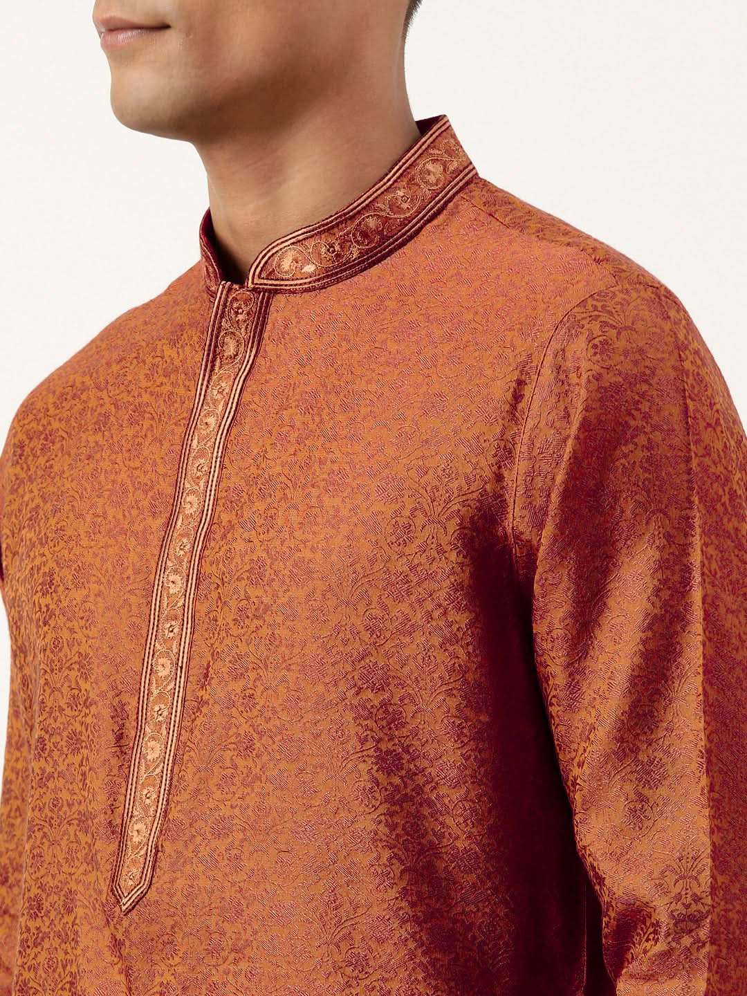 Rust Brown Jacquard Embroidered Kurta Set