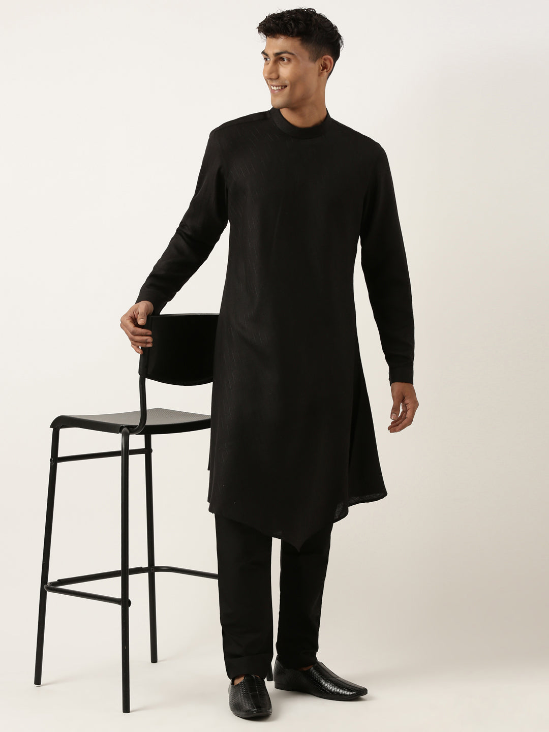 Black Flared Asymetric Drape Kurta Set