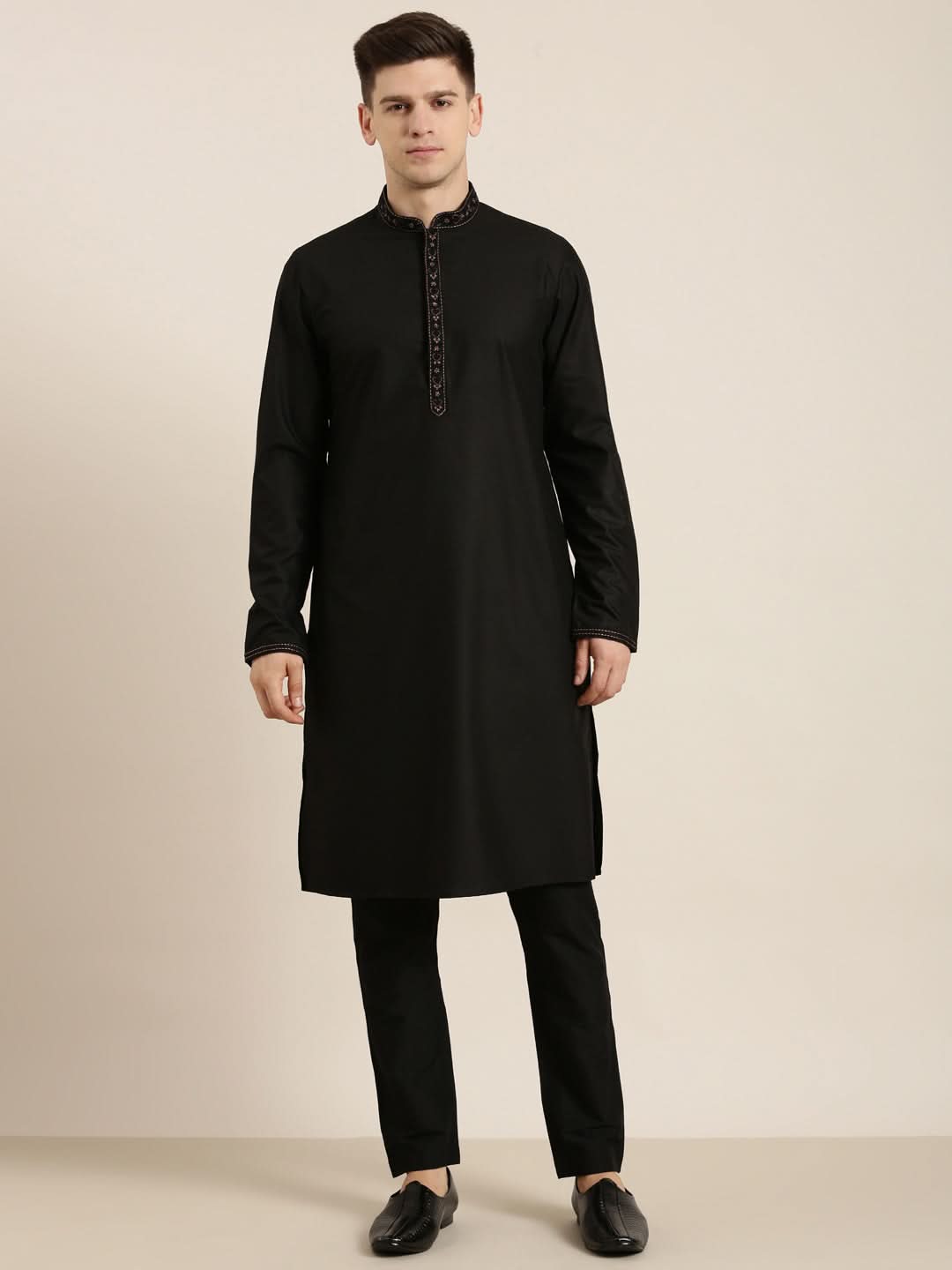 Black Cotton Dori Embroidery Kurta Set