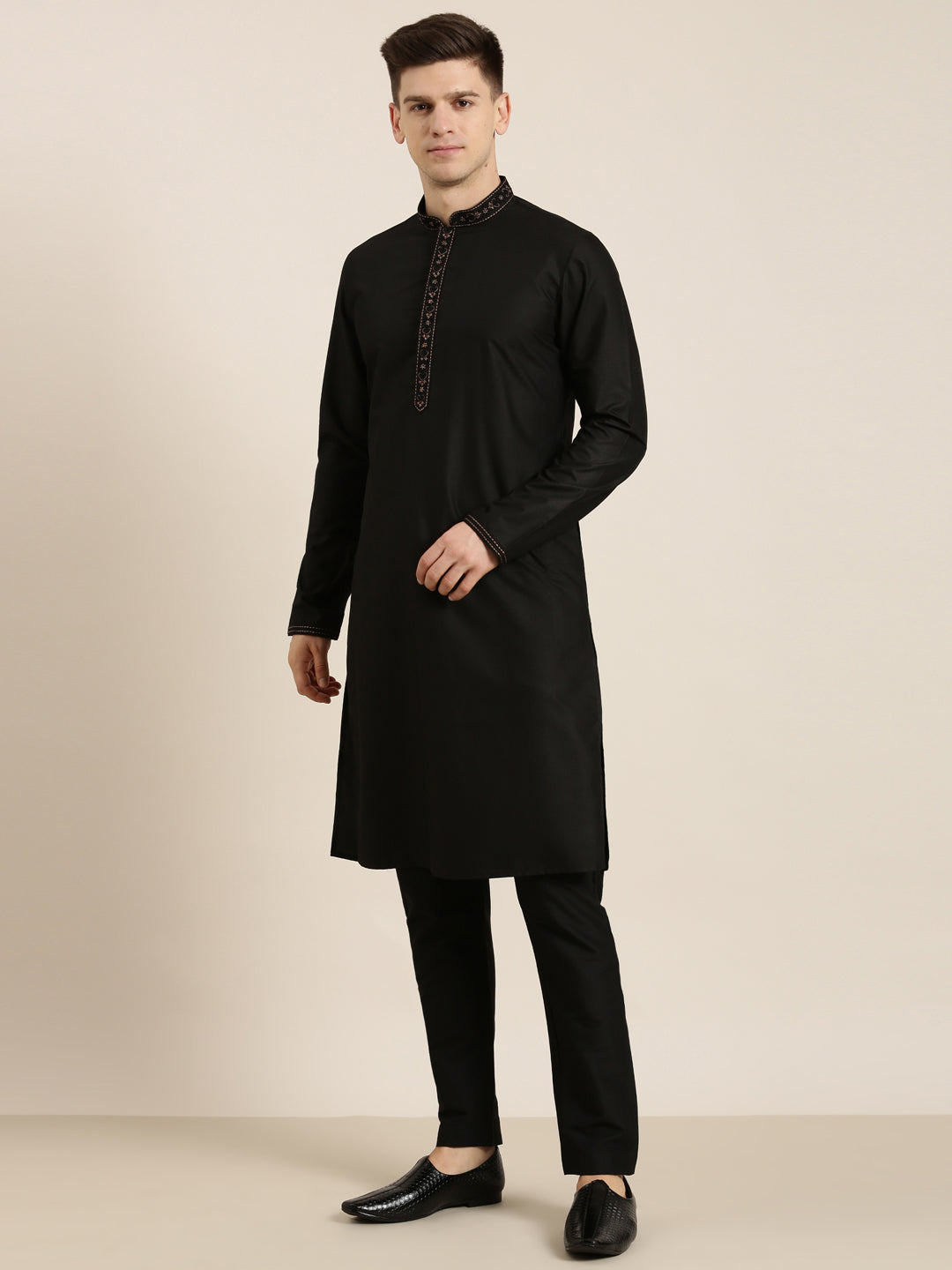 Black Cotton Dori Embroidery Kurta Set