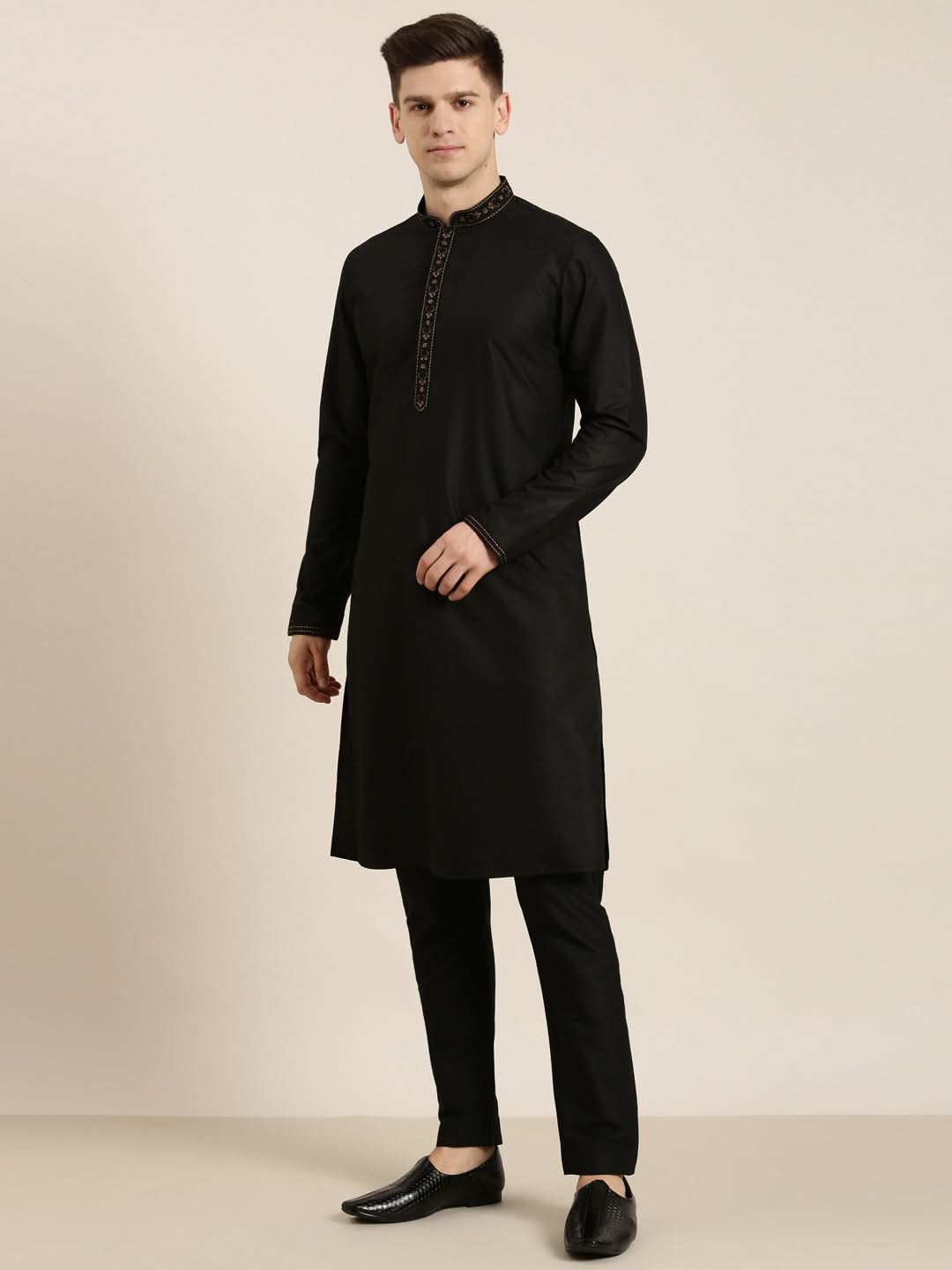 Black Cotton Dori Embroidery Kurta Set