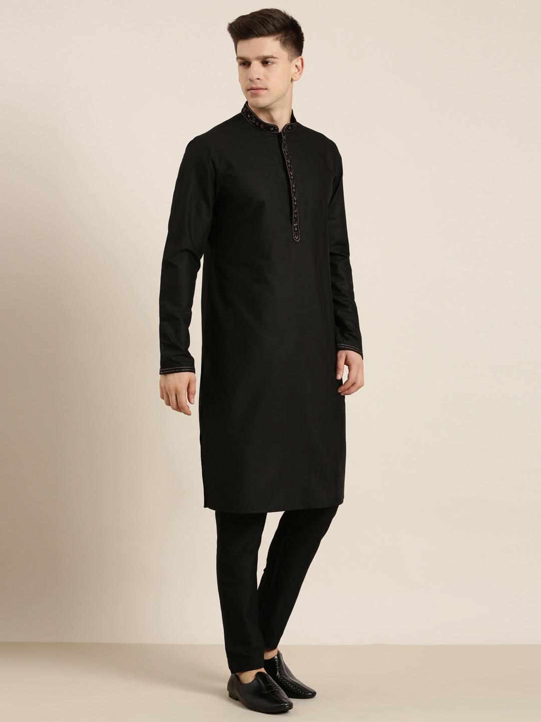 Black Cotton Dori Embroidery Kurta Set