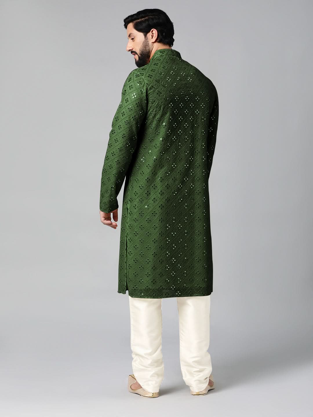 Olive green Mirror Embroidery Kurta Set