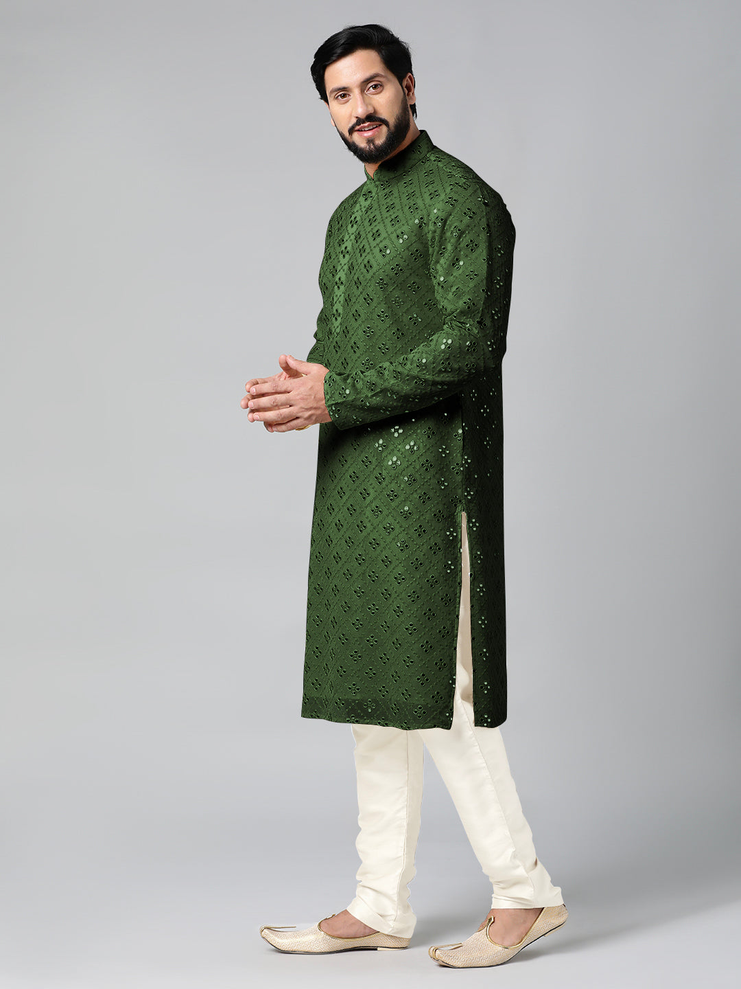 Olive green Mirror Embroidery Kurta Set