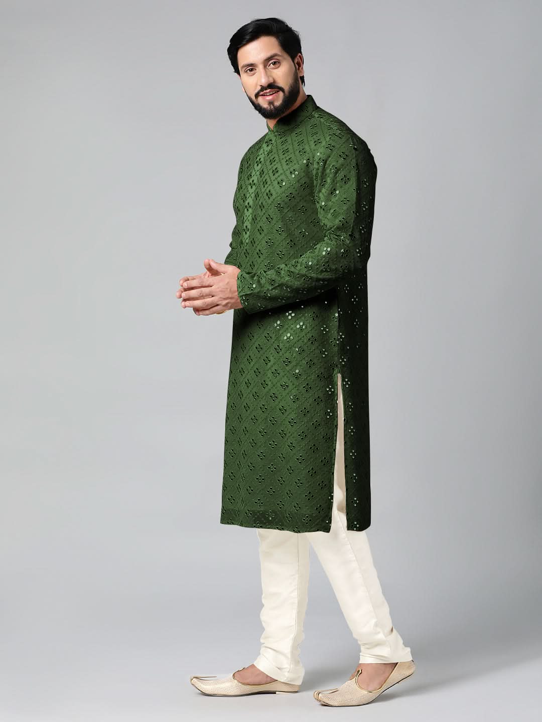 Olive green Mirror Embroidery Kurta Set