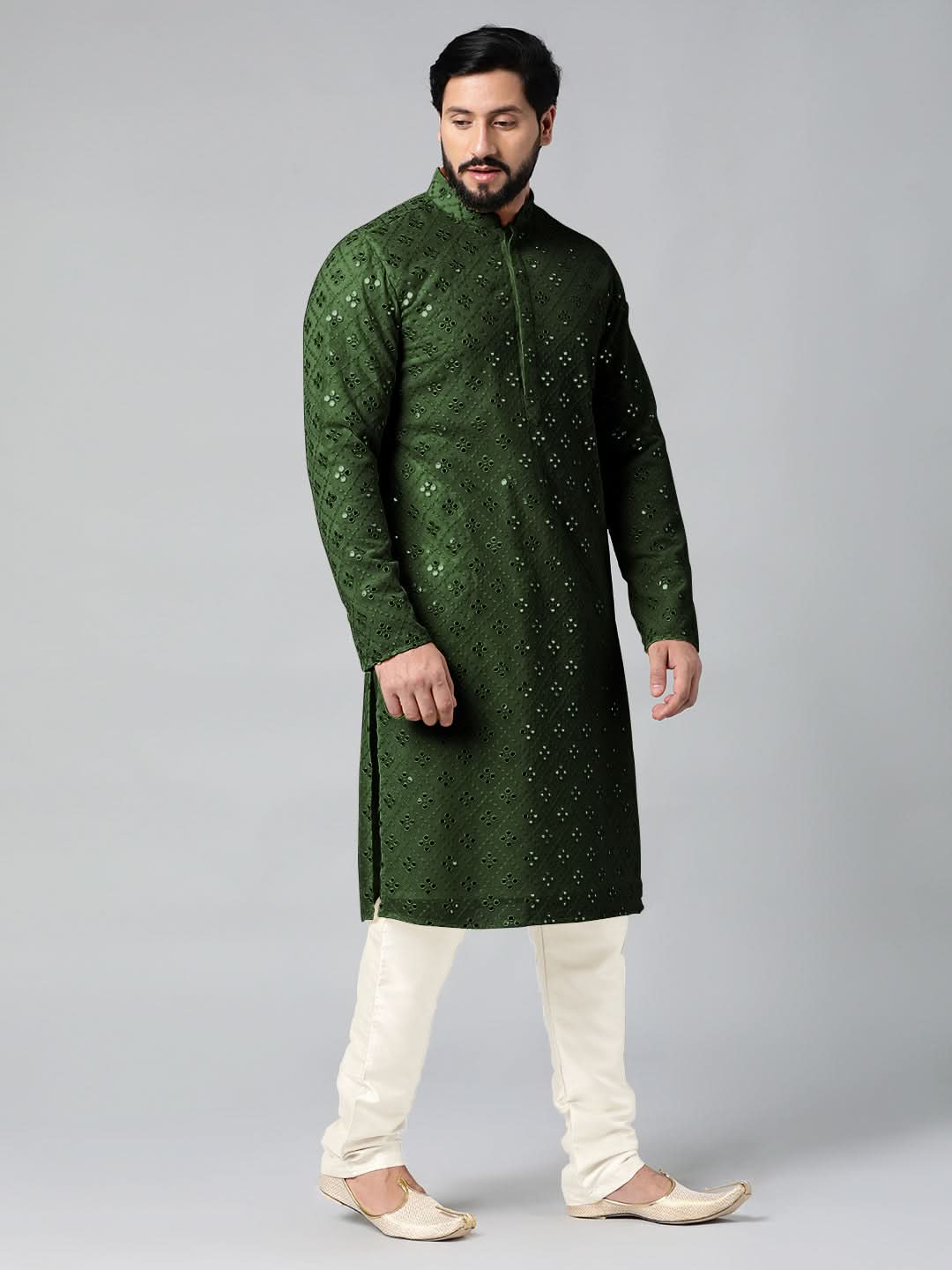 Olive green Mirror Embroidery Kurta Set
