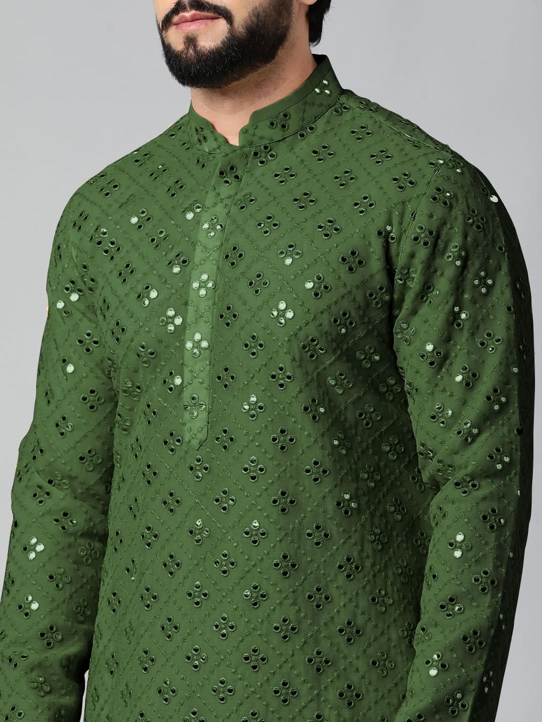 Olive green Mirror Embroidery Kurta Set