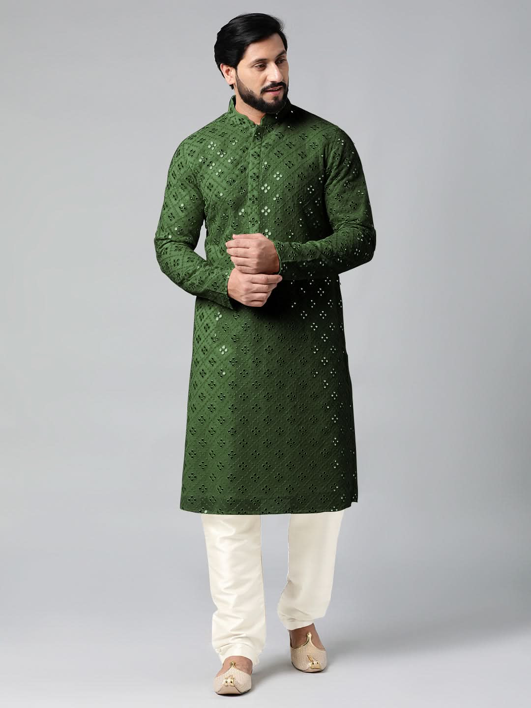 Olive green Mirror Embroidery Kurta Set