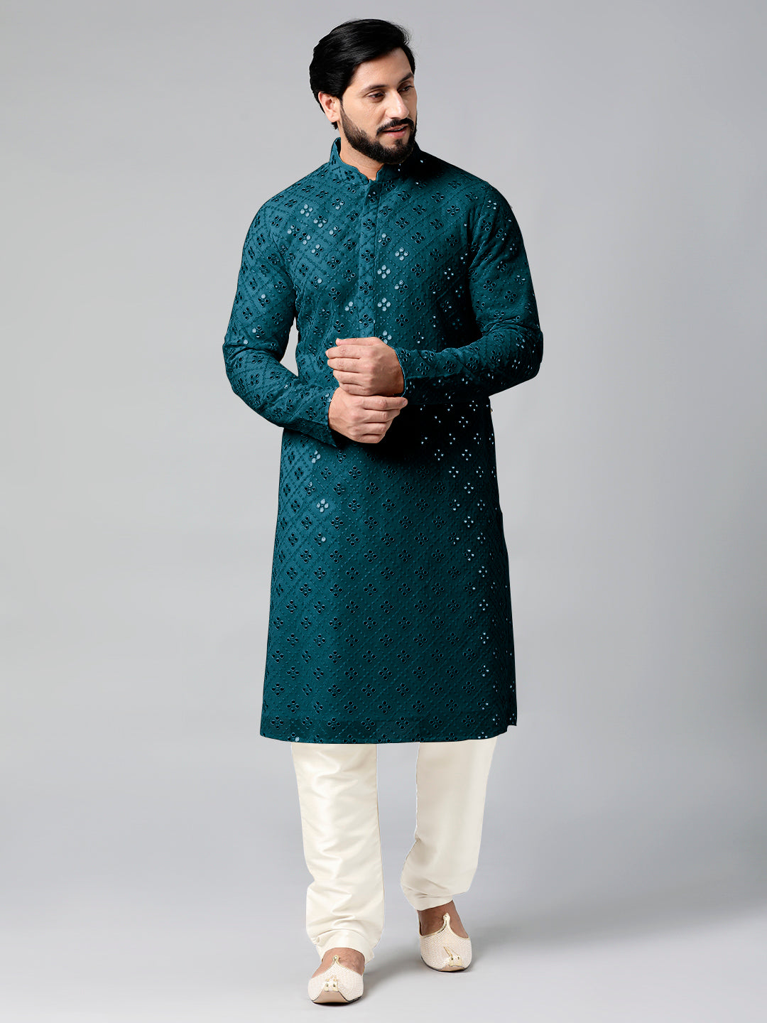 Teal Blue Mirror Embroidery Kurta Set
