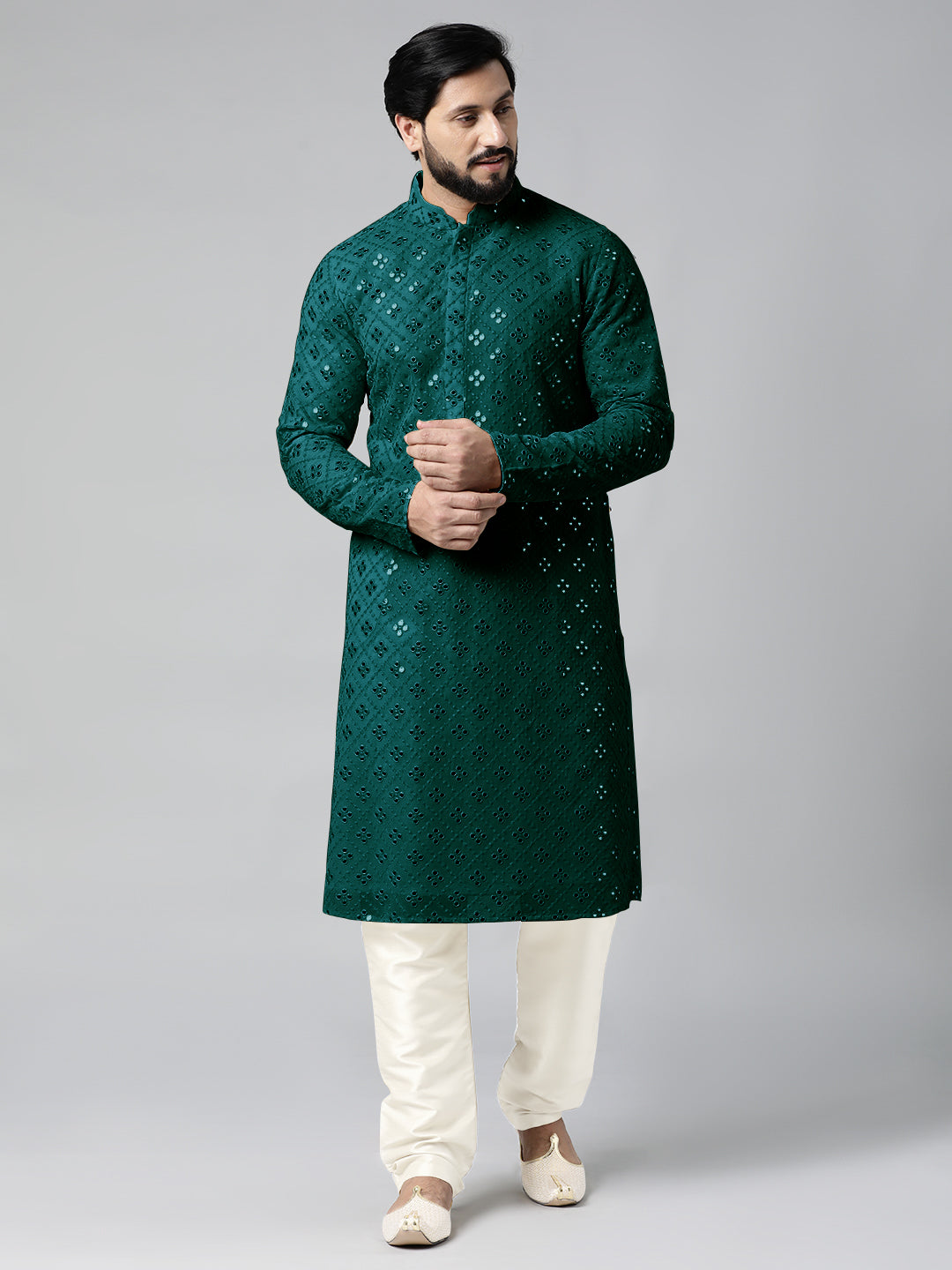 Teal Mirror Embroidery Kurta Set